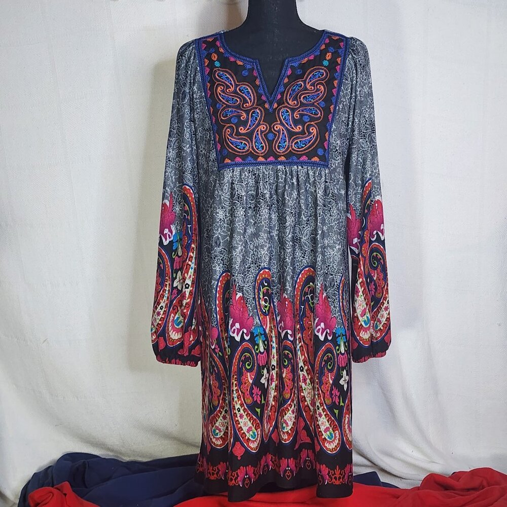 White Mark Blue Orange Turquoise Embroidered Paisley V-Neck Poly Span Dress XL